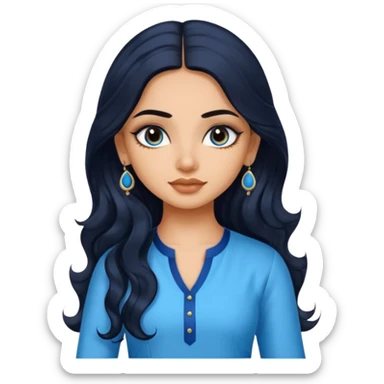 a pretty indian bratz girl with wavy long black hair. wearing a blue kurti, eyeliner on, indian auto behind her sticker