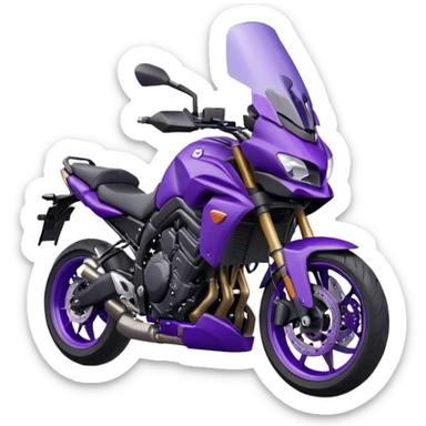 Créer un emoji avec une moto mt07 sport noir mate / violet iridescent très foncé, pare-brise de la moto violet. Avec une pilote dessus visière violet sombre visage caché . Avec fond arrière violet en arrière plan. sticker
