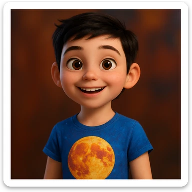 Pixar style girl with white skin, short black hair styled like a boy, wearing a t-shirt with a moon design sticker