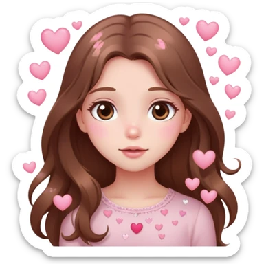 Girl with long brown hair blushing with sparkly eyes and little hearts floating around cartoon style cute delicate pale pink sticker