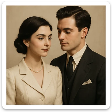 romantic couple with black hair, vintage old money fashion, refined and classic look sticker
