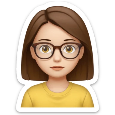 female with white skin. Shoulder length straight brown hair. Brown eyes with glasses. Female wearing baby yellow shirt. sticker