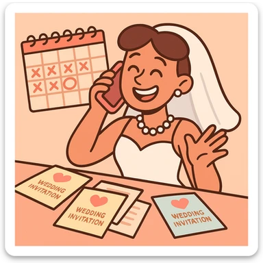 bride on the phone smiling with a calendar and wedding invitations spread out in front of her, soft pastel cartoon style sticker