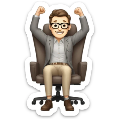 Joyful Celebrating victory Hands up Pale skinned Fit Man With dark brown hair in gray jacket, beige office shirt, Brown pants and vintage glasses sitting In a soft chair sticker