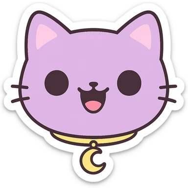 Create an image of just the head of a purple cat with solid black eyes, a wide open black mouth with no teeth, and a visible gold crescent moon pendant. The background should be removed, leaving only the cat's head and pendant visible. sticker