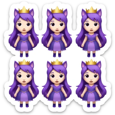 A collection of twelve chibi-style illustrations of a cute princess wearing a purple dress and crown with purple hair and purple wolf ears and purple wolf tail character. Each square shows the character expressing a different emotion against a white background And make a gap between each illusion sticker