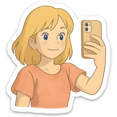 ghibli style illustration of a blonde girl taking a selfie with soft colors sticker