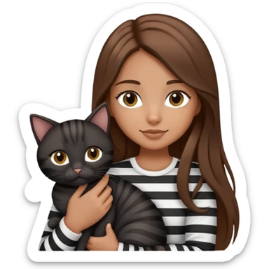 tan girl with long brown hair holding two cats, one black cat and one grey-striped cat sticker