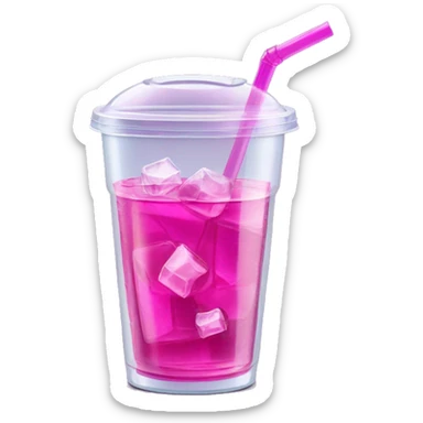 Realistic see through plastic cup and lid with half full Transluscent magenta soda,straw and large ice cubes inside. sticker