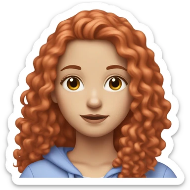 a white girl with long red curly hair, wearing a pastel periwinkle hoodie doing a pose sticker