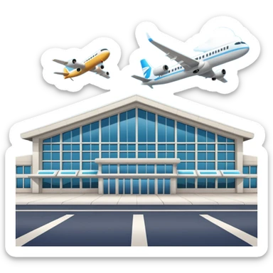 A 3D cartoon airport terminal building with glass windows and airplanes nearby, clean lighting, Memoji-style rendering. sticker