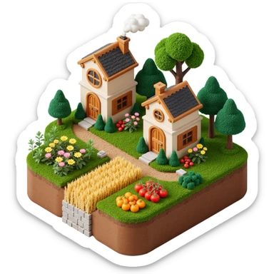 Exterior view of a whimsical jungle farm built on a small square platform, with cookie-factory-style buildings nestled in lush vegetation, wheat fields and colorful vegetables growing from rich soil, surreal atmosphere, no robots, emoji-style sticker