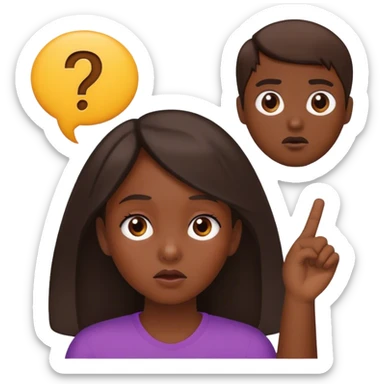 a young girl with dark skin in the middle of two men, looking indecisive, with a question mark over her head sticker
