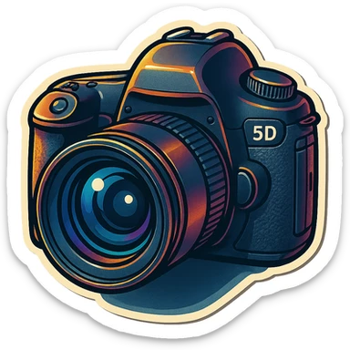 retro sticker style drawing of a professional DSLR camera similar to Canon 5D Mark III, thick outlines, dramatic shadows, shiny highlights, dimensional vibrant camera sticker