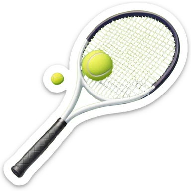 A tennis racket and ball positioned on a grass court, with the net and lines clearly visible in the background. The scene emphasizes the classic elements of the sport, capturing the energy and precision of a tennis match. sticker