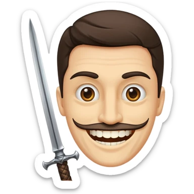 Haz que tenga una sonrisa epica una cicatriz en el ojo serrado y una espada entre los dientes y dos más a cada lado. sticker