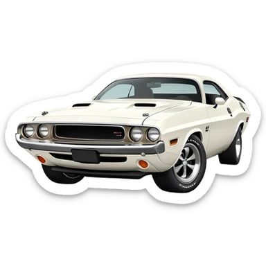 White 1971 Dodge Challenger with sharp details, precise three-quarter view at 30 degrees, accurate muscle car proportions, visible front bumper and fender, pure white finish, iOS emoji style sticker