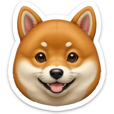 Head of a Shiba Inu dog, in orange-brown fur with white muzzle and cheeks, round face, big black eyes, perky ears, grinning with closed mouth, no tongue, front-facing, glossy texture, soft shadows
 sticker