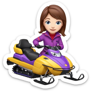 Brown hair, very blue eyes, Woman wearing a red coat  on purple and yellow striped snowmobile sticker