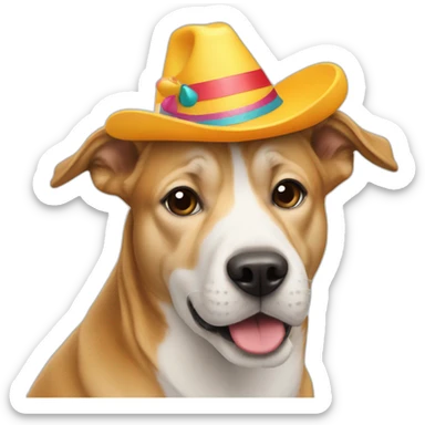 A dog in the goal whith a party’s hat sticker