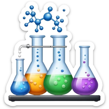 An icon featuring chemical flasks, liquids, powders, and chemical formulas, symbolizing the science of chemistry. The design includes bubbling reactions, molecular structures, and test tubes, representing experimentation and chemical analysis. Transparent background. sticker