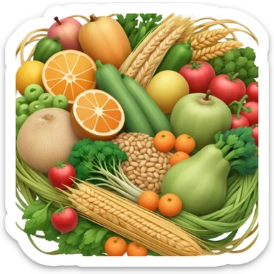 Close-up of a bundle of fiber strands intertwined with small vegetable, fruit, and grain icons, showing microscopic view of dietary fiber structure sticker