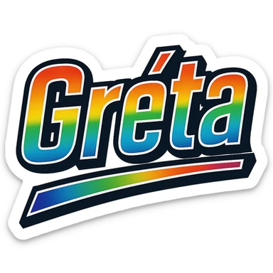 The name 'Gréta' in modern, precise Hungarian letters with a rainbow gradient fill, extra thick white letter outline, dark contour, transparent background, dynamic slanted underline, in the style of the reference samples. sticker