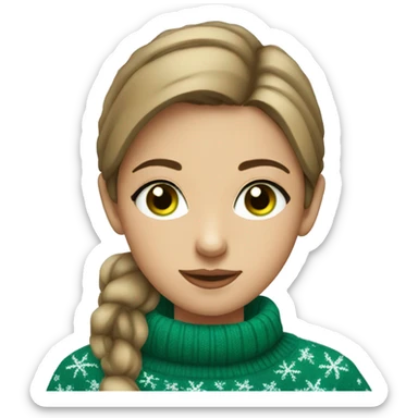 Light brown short haired girl with green eyes drinking coffee wearing blue Christmas sweater sticker