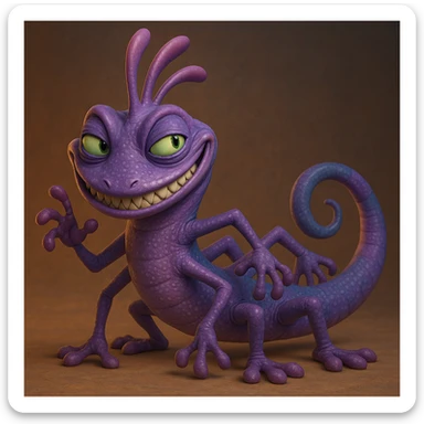 Randall from Monsters Inc, sneaky purple lizard monster with multiple limbs and a mischievous grin, Pixar-inspired style sticker