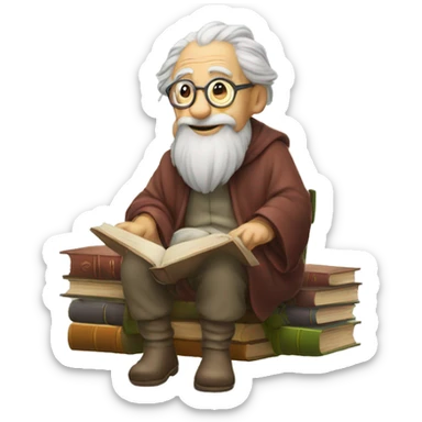 old sage sitting with books sticker