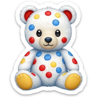 White teddy bear covered with blue, red and yellow spots sticker