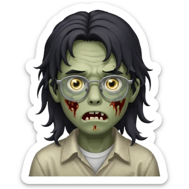 Faça um adolescente zombie com cara de assutado com cortes no rosto, com óculos é cabelos grandes ondulado preto, masculino  sticker
