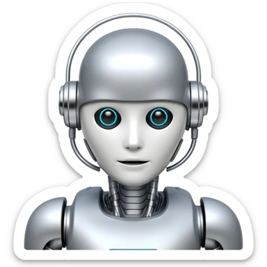 futuristic AI robot, silver and white, digital face sticker