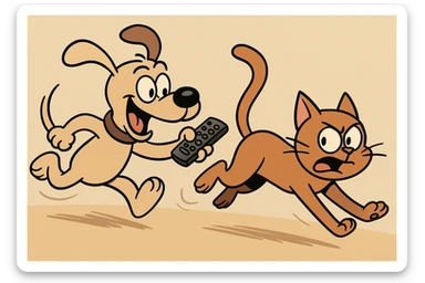 a playful dog holding a remote, chasing a cat, fun and energetic scene, cartoon style, lively and dynamic sticker