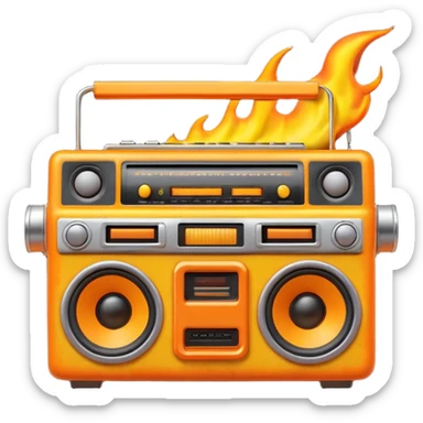 A cute 3D emoji of a retro boombox speaker with a funny shocked face, melting into orange and yellow flames, vibrant "fire" colors, high-end 3D render, white background. (This is a recreation of the fire emoji) sticker