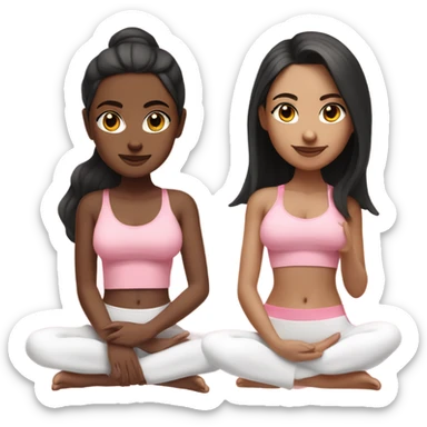 A girl with white skin tone, brown eyes and black long hair,  is sitting in a lotus position in a pink bra top and short white skirts sticker