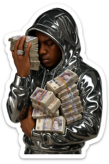 Create a chrome style iconic and bold icon of the person in the reference image. The face and hands should have brown skin with natural, realistic facial features. Keep the hoodie and clothing in chrome style. The money bills should remain realistic and detailed, blending well with the chrome style overall. sticker