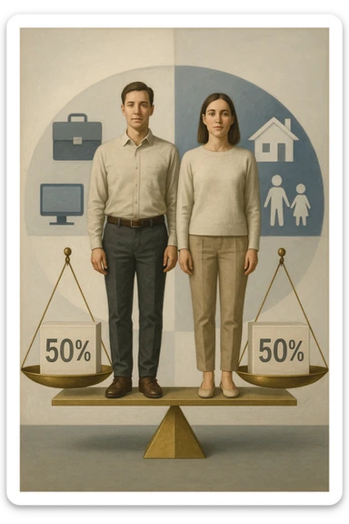 Uomo e donna in piedi l’uno accanto all’altra, al centro di una bilancia perfettamente in equilibrio. Entrambi vestiti in modo simile (moderno e neutro), con espressioni serene e rispettose. Sotto i loro piedi, due blocchi con scritto '50%' ciascuno. Sullo sfondo, elementi divisi simmetricamente: lavoro, famiglia, tempo libero, rappresentati equamente da entrambi. Atmosfera armoniosa, illuminazione equilibrata, colori neutri e simbolici (bianco, grigio, blu e oro). Stile realistico con accento simbolico sul concetto di equità in italiano sticker