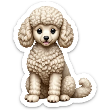 cinematic-[poodle]-realistic-full-body-sitting-emoji,-tail-resting-loosely-beside-its-paws,-head-tilted-dramatically, -curly-[cream white]-fur,-simplified-yet-realistic-focused-features,-highly-detailed,-glowing-with-an-almost-sarcastic-glow sticker
