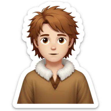 medieval spring outfit worn by a DnD themed fantasy male character. cotton tunic with sleeves rolled to the elbow, featuring a light fur-lined collar for chilly mornings. clothes only above the waist. The clothes full waist. The character's haven't arms. character is white-skinned, chestnut brown hair, amber eyes, shoulder-length messy hair. sticker