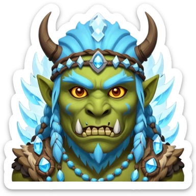 Fantasy Christmas orc shaman icon, ice spirit magic theme, glowing runes, winter tribal mask elements, mystical cold atmosphere, emoji sized portrait, male/female variant sticker