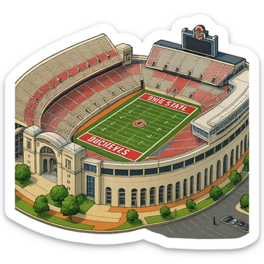 Изометричная, яркая, детализированная и фотореалистичная иллюстрация стадиона Ohio Stadium в стиле 3D-коллажей городов, насыщенные цвета, аккуратные линии, мультяшно-реалистичная стилистика. Чёткие контуры, прозрачный фон, высокое качество. sticker