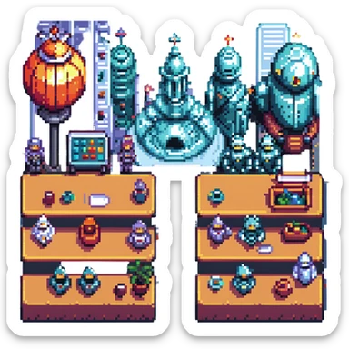 Add a detailed futuristic city as the background, keeping the Last Supper scene with knights, robots, and people at a long table in pixel art style. Make the scene vibrant and colorful with pixel art details. sticker