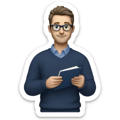 caucasian white man with dark hair, blue glasses, and carrying design plan because he is an architect carrying a pencil and a set model maquette. wearing a navy blue long sleeve sweater shirt. smart.  sticker