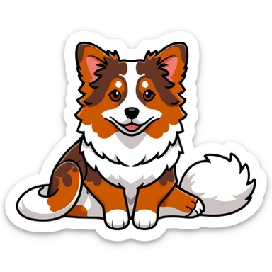 Red merle Australian Shepherd dog laying down, reddish-brown and white spotted coat, fluffy fur sticker