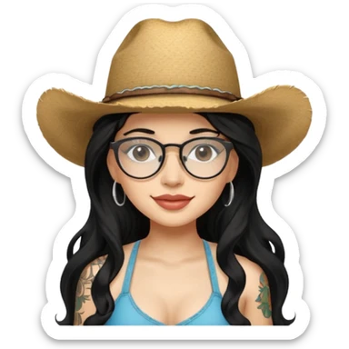 una joven latina de piel clara, con cabello largo, ondulado y negro. Lleva un sombrero de vaquera claro con detalles naturales y gafas grandes, transparentes y modernas. Tiene una sonrisa suave, labios carnosos y un look seguro pero relajado. Viste un top negro tipo bikini, mostrando un tatuaje  sticker