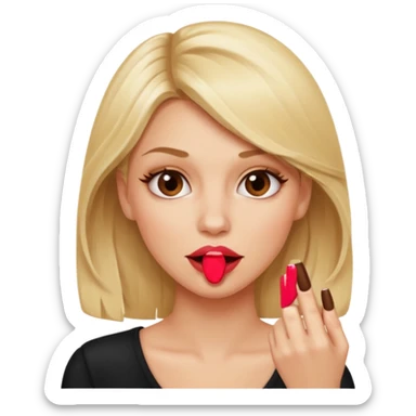 👁️🫦👁️💁🏼‍♀️ aguicheuse. elle se mord le coin de la lèvres. Elle est blonde. Ongles vernis marrons   sticker