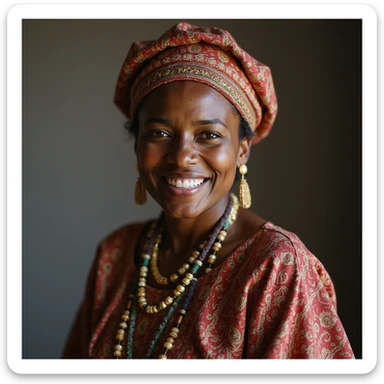 realistic portrait of an Ethiopian woman wearing traditional Habesha kemis dress, smiling, detailed, photorealistic style sticker