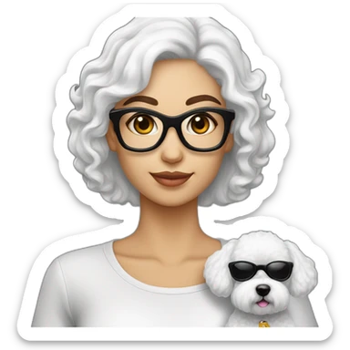 mujer piel blanca cabello negro largo gafas y perro bichon blanco sticker