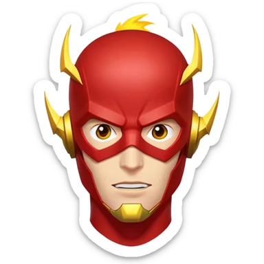 face of The Flash superhero with bold expression, red mask, and yellow lightning sticker